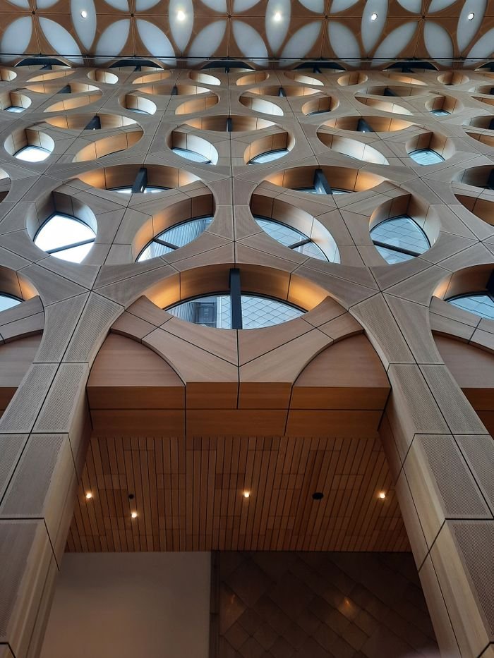 Stunning indoor view of a building's geometric wooden architecture with circular patterns.